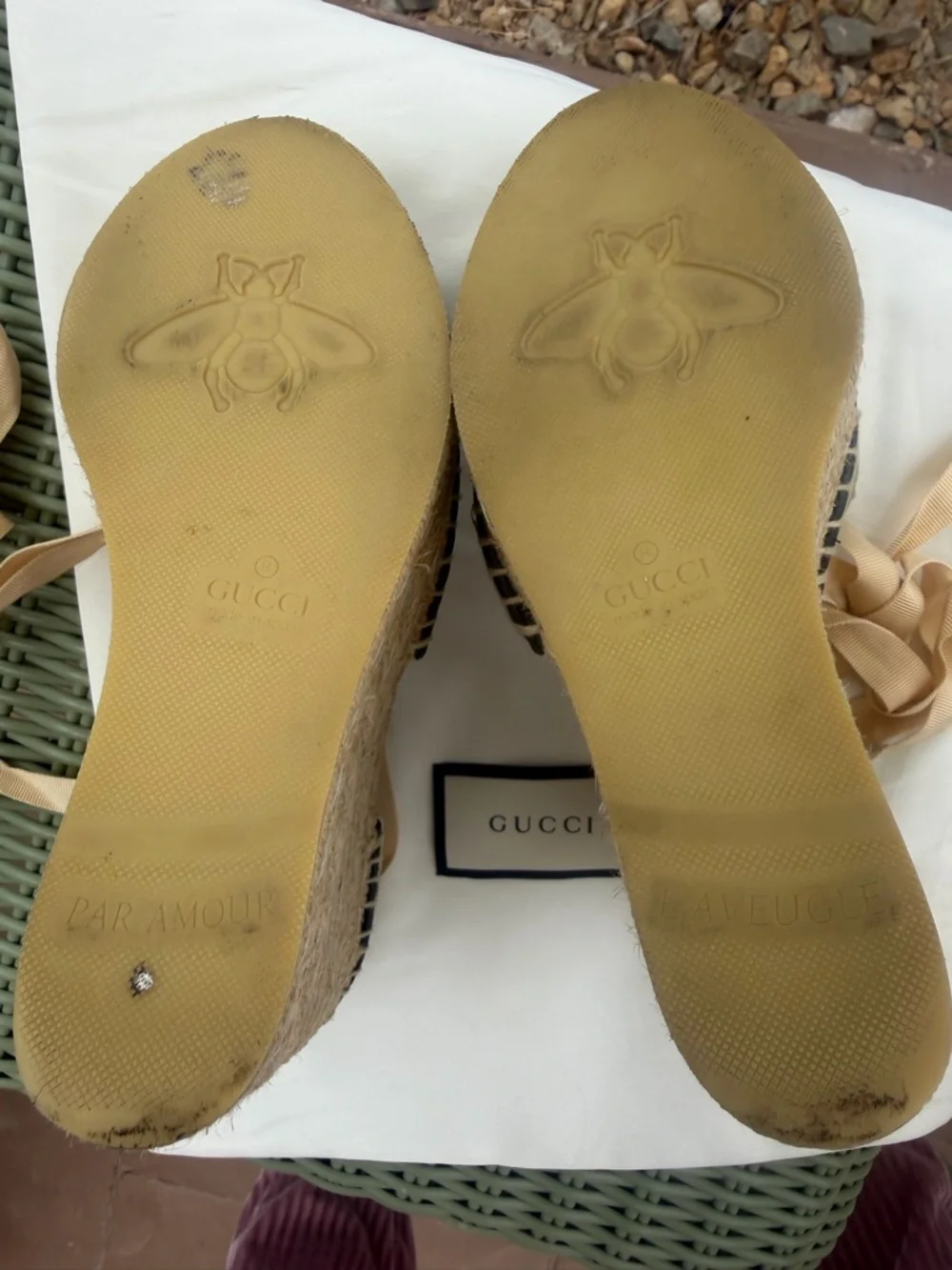 Authentic Gucci Brown GG Canvas Espadrille Wedge Sandals with Gold Double G
